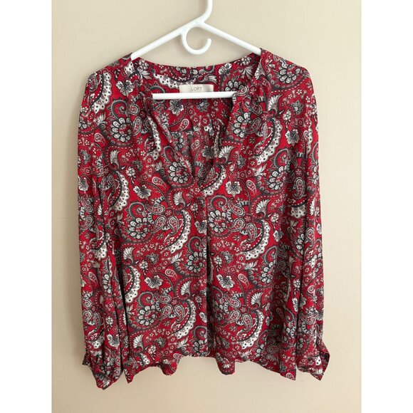 LOFT Red Paisley Print Long Sleeve  Split Neck Fall Career Blouse Size XL - Picture 3 of 11